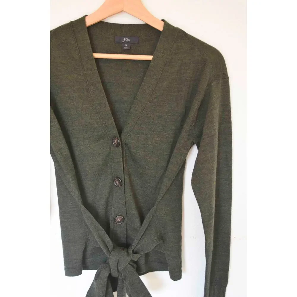 J Crew Olive Merino Wool Tie Waist Cardigan Size Small